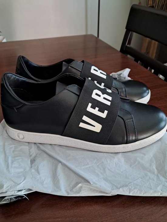 Versus Versace Other - Versus Versace Black Leather Slip-On Sneakers with White Logo Strap.  COA incl.